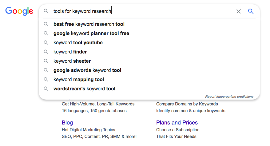 Screen shot example of using the Google search home page to find keywords
