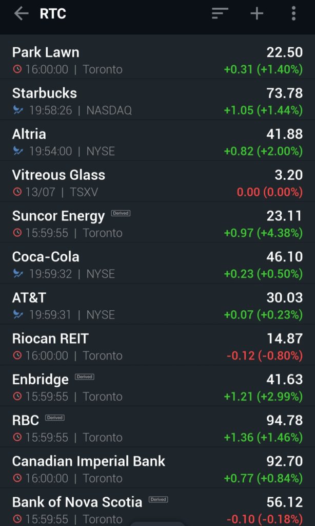 Screenshot of investing.com's stock app - How I check daily stock prices